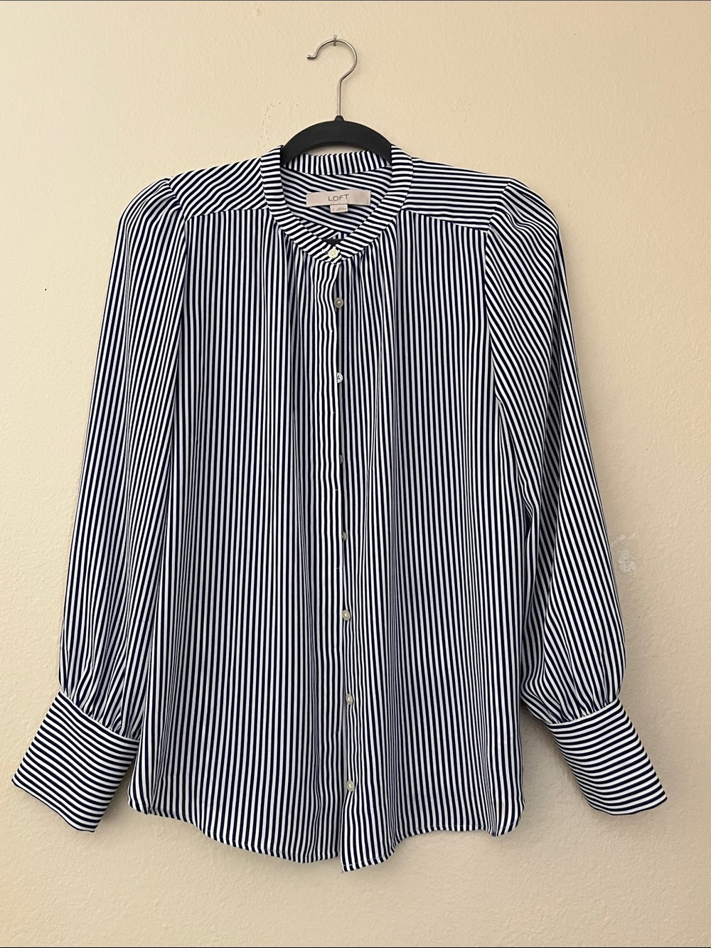 Women’s Collarless Blue & White Stripe Button-Up Shirt, Lightweight, Size Small